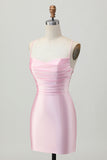 Blush Pink Bodycon Spaghetti Straps Short Homecoming Dress with Lace Up Back