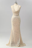 Apricot Mermaid Halter Sequins Open Back Long Prom Dress