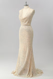 Apricot Mermaid Halter Sequins Open Back Long Prom Dress