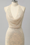 Apricot Mermaid Halter Sequins Open Back Long Prom Dress