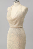 Apricot Mermaid Halter Sequins Open Back Long Prom Dress