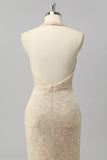 Apricot Mermaid Halter Sequins Open Back Long Prom Dress