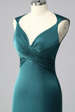 Peacock Blue Mermaid Satin Backless Ruched Prom Dress