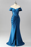 Off The Shoulder Dark Blue Mermaid Satin Ruched Prom Dress
