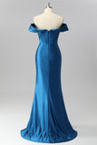 Off The Shoulder Dark Blue Mermaid Satin Ruched Prom Dress