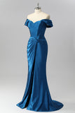 Off The Shoulder Dark Blue Mermaid Satin Ruched Prom Dress