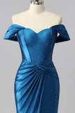 Off The Shoulder Dark Blue Mermaid Satin Ruched Prom Dress