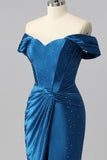 Off The Shoulder Dark Blue Mermaid Satin Ruched Prom Dress