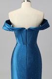 Off The Shoulder Dark Blue Mermaid Satin Ruched Prom Dress