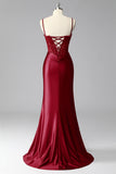 Burgundy Mermaid Corset Satin Ruched Prom Dress