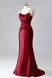 Burgundy Mermaid Corset Satin Ruched Prom Dress