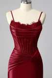 Burgundy Mermaid Corset Satin Ruched Prom Dress