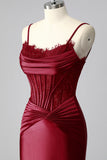 Burgundy Mermaid Corset Satin Ruched Prom Dress