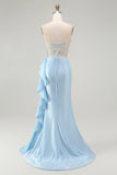 Sparkly Light Blue Strapless Corset Mermaid Beaded Long Prom Dress with Slit