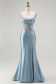 Grey Blue Satin Mermaid Cowl Neck Sheer Corset long Prom Dress with Beading