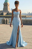 Mermaid Grey Blue Appliqued Corset Long Satin Prom Dress with Slit