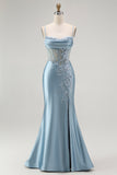 Grey Blue Mermaid Beaded Appliqued Corset Long Prom Dress with Slit