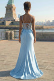 Mermaid Grey Blue Appliqued Corset Long Satin Prom Dress with Slit