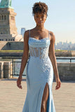 Mermaid Grey Blue Appliqued Corset Long Satin Prom Dress with Slit