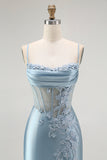 Grey Blue Mermaid Beaded Appliqued Corset Long Prom Dress with Slit