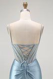 Grey Blue Mermaid Beaded Appliqued Corset Long Prom Dress with Slit