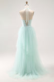 Sparkly Light Green A-Line Halter Sequins Corset Long Prom Dress with Beading