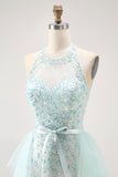 Sparkly Light Green A-Line Halter Sequins Corset Long Prom Dress with Beading