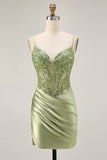 Sage Green  Appliqued Corset Tight Ruched Homecoming Dress