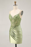 Sage Green  Appliqued Corset Tight Ruched Homecoming Dress