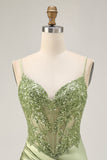 Sage Green  Appliqued Corset Tight Ruched Homecoming Dress