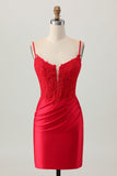 Dark Red Spaghetti Straps Beaded Short Tight Homecoming Dress with Lace Up Back