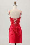 Dark Red Spaghetti Straps Beaded Short Tight Homecoming Dress with Lace Up Back