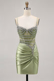 Sage Green Beaded Corset Tight Ruched Short Homecoming Dress with Rhinestones