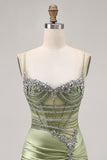 Sage Green Beaded Corset Tight Ruched Short Homecoming Dress with Rhinestones