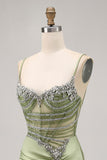 Sage Green Beaded Corset Tight Ruched Short Homecoming Dress with Rhinestones