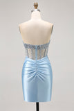 Blue Strapless Satin Beaded Corset Tight Homecoming Dress