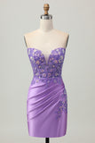 Strapless Light Blue Flower Corset Tight Ruched Short Homecoming Dress