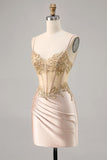 Champagne Satin Corset Homecoming Dress with Sequins