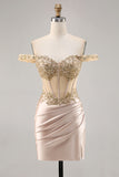 Off the Shoulder Corset Bodycon Champagne Homecoming Dress with Sequins