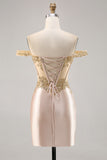 Off the Shoulder Corset Bodycon Champagne Homecoming Dress with Sequins