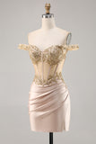 Off the Shoulder Corset Bodycon Champagne Homecoming Dress with Sequins