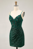 Sparkly Bodycon Dark Green Sequins Corset Homecoming Dress