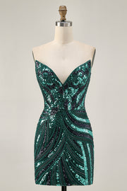 Dark Green Sparkly Strapless Sequins Tight Homecoming Dress