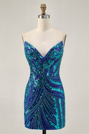 Sparkly Royal Blue Strapless Sequins Short Tight Homecoming Dress with Beading