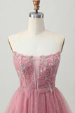 Dusty Rose A-Line Strapless Tiered Tulle Short Homecoming Dress with Beading