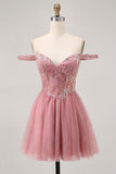 Off The Shoulder Dusty Rose Floral A Line Homecoming Dress