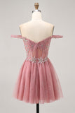 Off The Shoulder Dusty Rose Floral A Line Homecoming Dress