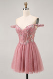 Off The Shoulder Dusty Rose Floral A Line Homecoming Dress