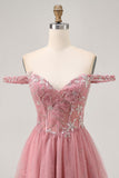 Off The Shoulder Dusty Rose Floral A Line Homecoming Dress