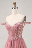 Off The Shoulder Dusty Rose Floral A Line Homecoming Dress